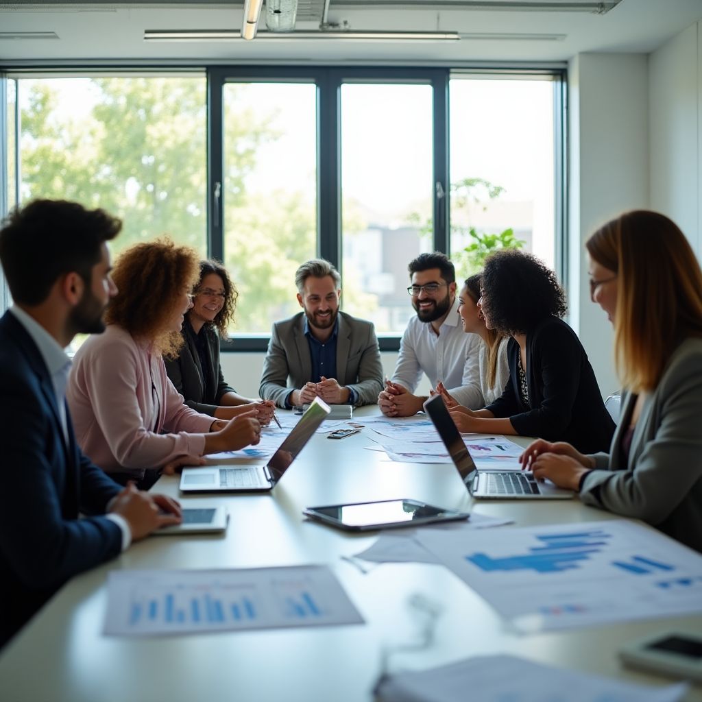 Equipo de consultores financieros discutiendo estrategias